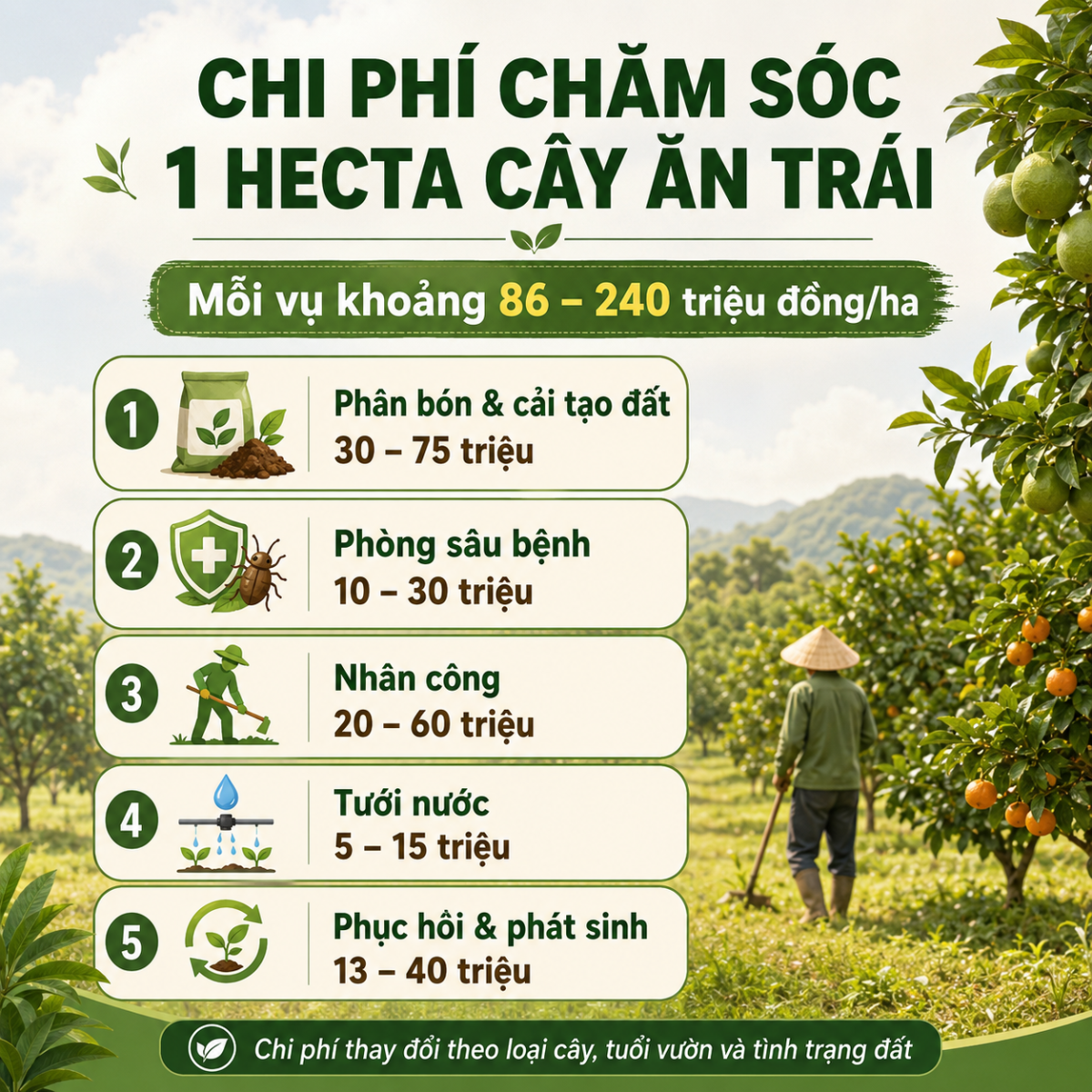 Bảng chi phí tham khảo cho 1 hecta cây ăn trái