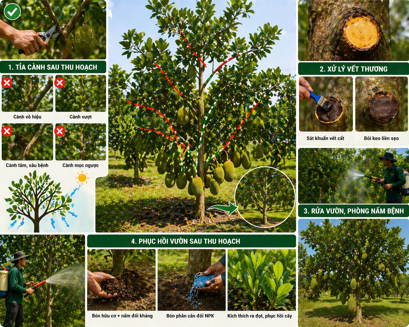 Kỹ thuật tỉa cành tạo tán cho mít và xử lý vết thương